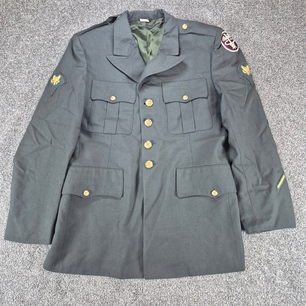 Vtg US Military Dress Uniform Coat Mens 42R Green Army‎ Jacket Insignia Patches